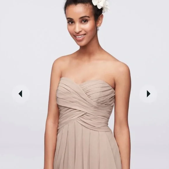 David’s Bridal Strapless Pink Crinkle Chiffon Bridesmaid Dress with Cascade - Picture 6 of 9